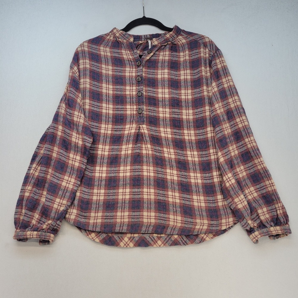 Free People Flannel Plaid Shirt Womens XS Red Blue Button Up Long Sleeve Top